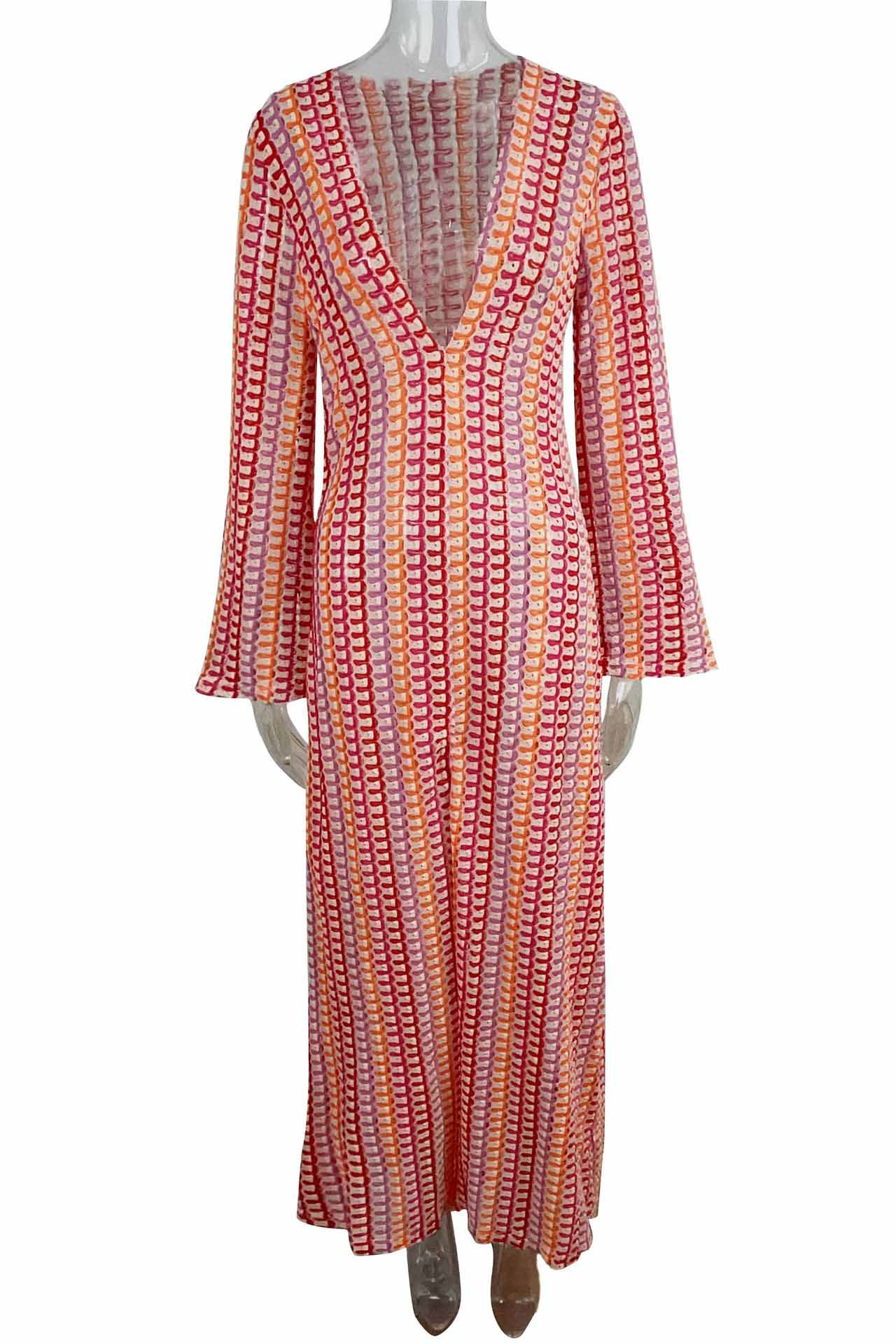 Vestito lungo bohémien con scollo a V, maniche a campana, motivo a onde a righe e crochet per vacanze in spiaggia