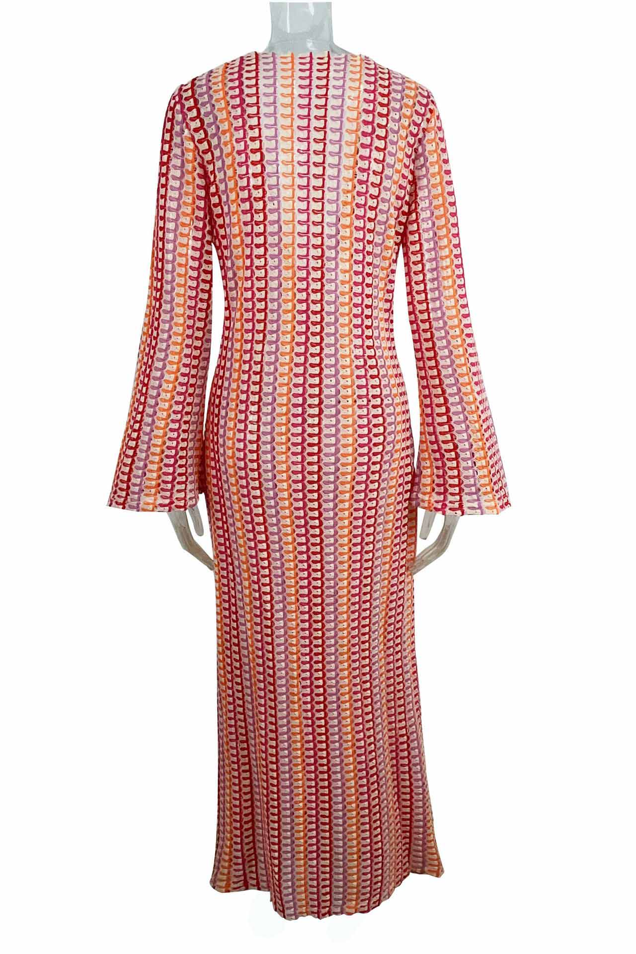 Vestito lungo bohémien con scollo a V, maniche a campana, motivo a onde a righe e crochet per vacanze in spiaggia