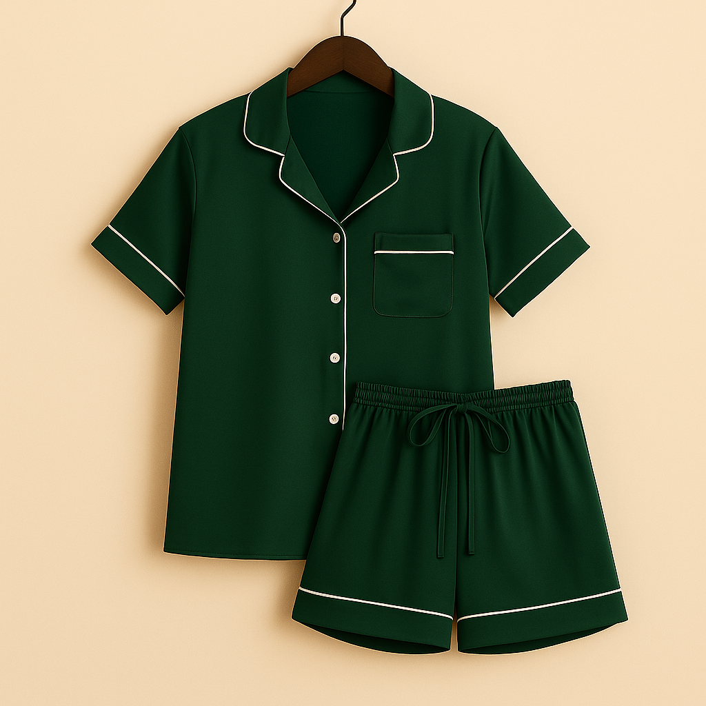 Set Pigiama in Seta Satinata con Bottoni e Shorts