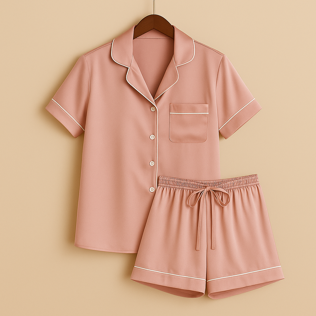 Set Pigiama in Seta Satinata con Bottoni e Shorts