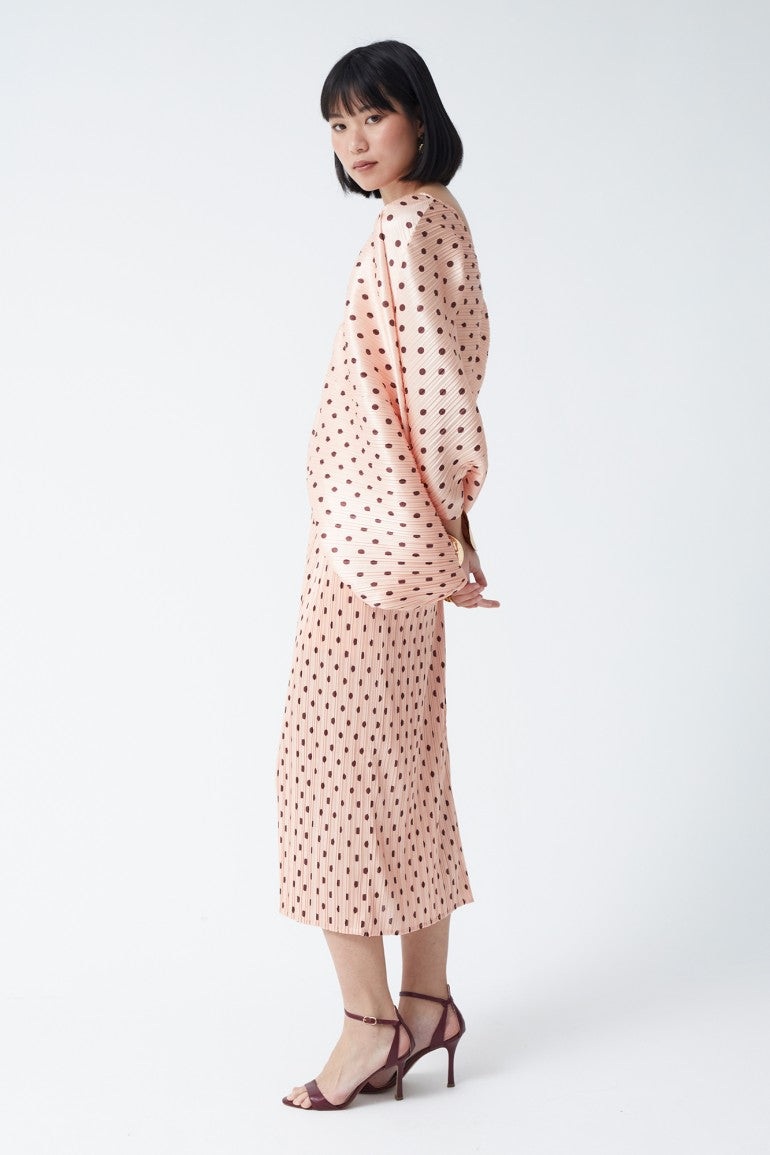 Vestito midi drappeggiato rosa a pois con scollo a V di Betty Rosa