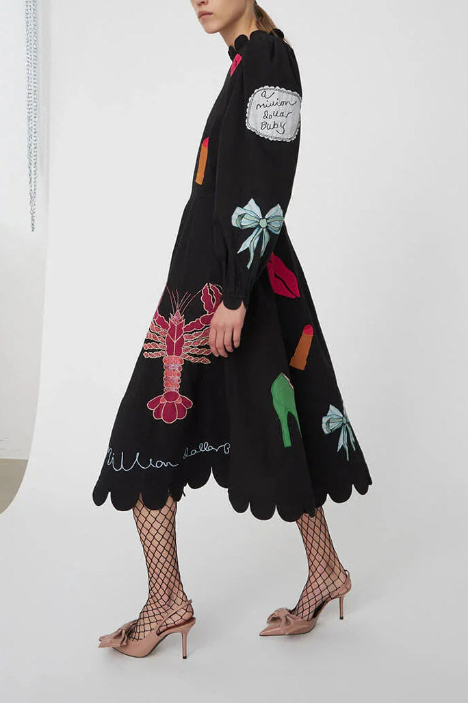 Vestito Midi con Rifiniture in Conchiglia e Graffiti di Aragosta