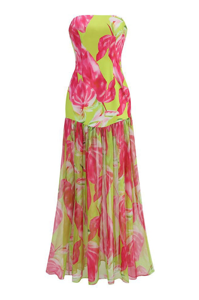 Vestito lungo maxi senza spalline Pam con stampa e foro slit
