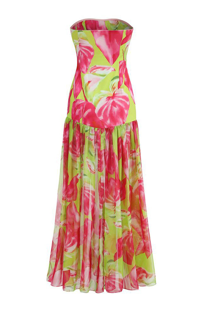 Vestito lungo maxi senza spalline Pam con stampa e foro slit