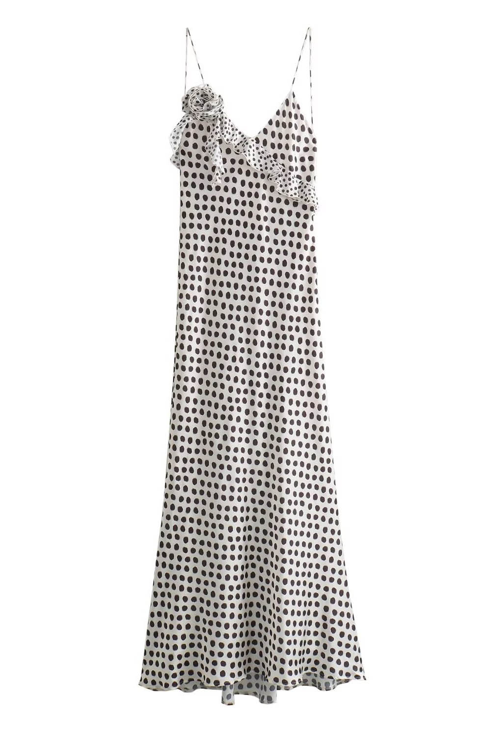 Vestito Maxi Fantasia a Pois Fantasy con Guipure, Cuciture Volantate e Suspenders