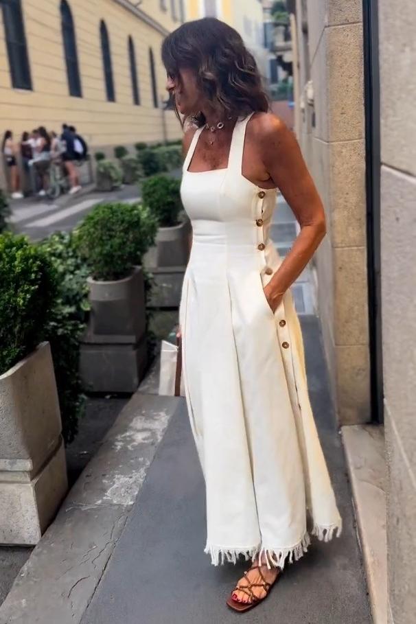 Abito lungo bianco boho con frange e tasche