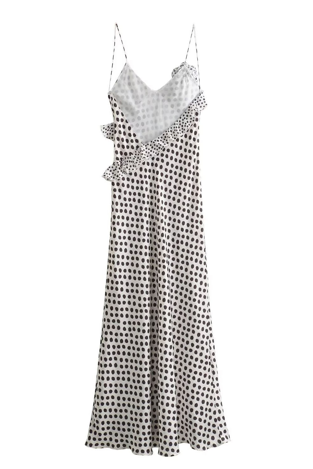 Vestito Maxi Fantasia a Pois Fantasy con Guipure, Cuciture Volantate e Suspenders