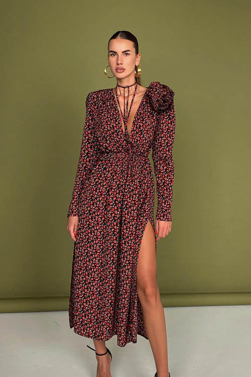 Vestito Midi con Collo a V e Decorazione Floreale Bertha