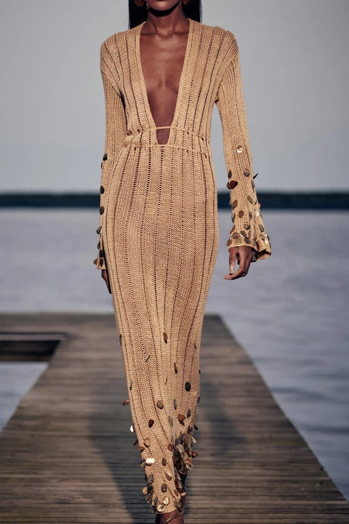 Vestito lungo a maglia oro Dolly
