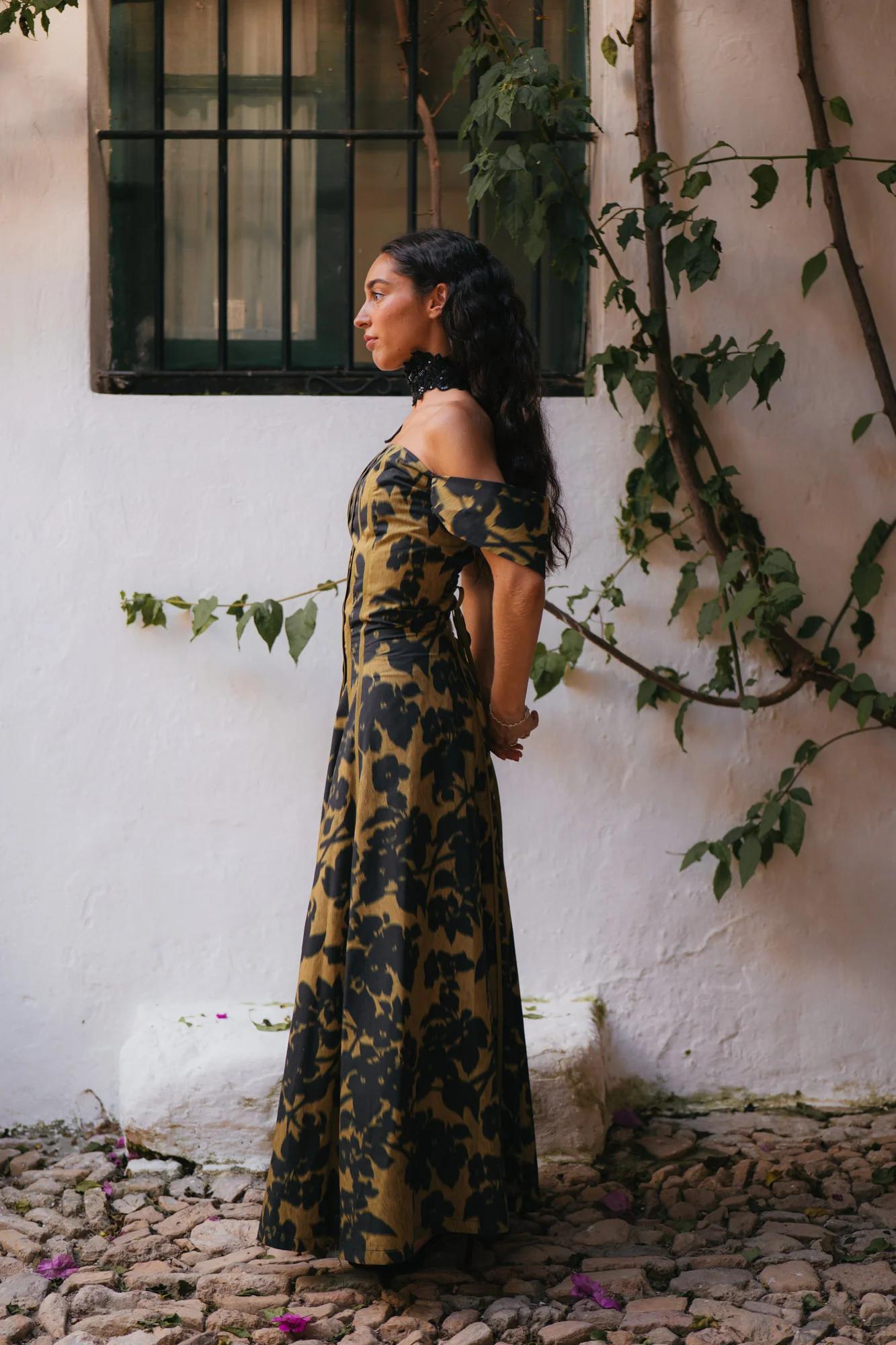 Vestito lungo maxi senza spalline con stampa vintage