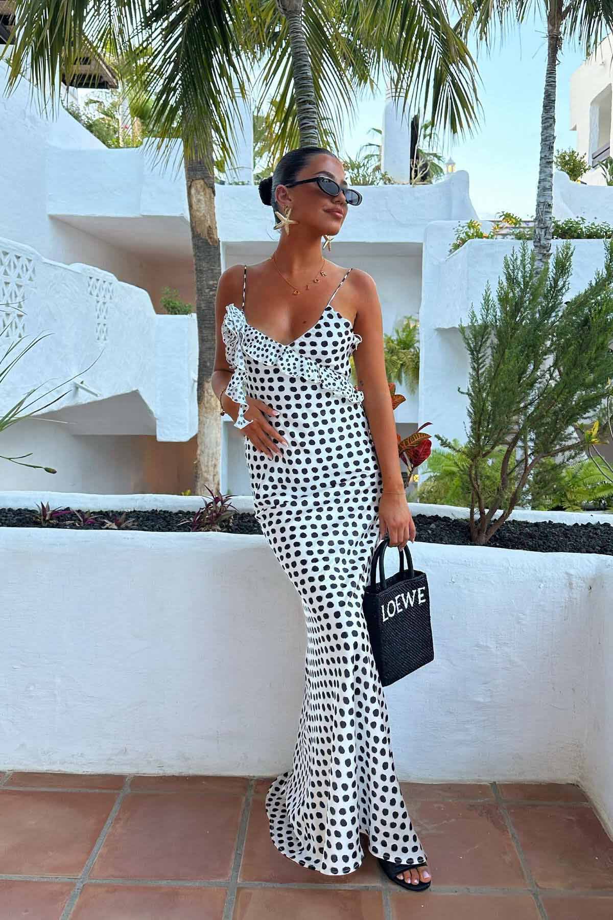 Vestito Maxi Fantasia a Pois Fantasy con Guipure, Cuciture Volantate e Suspenders