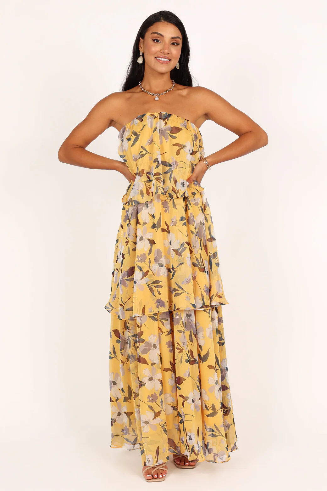 Abito lungo midi senza spalline Calista Green Bloom con balze