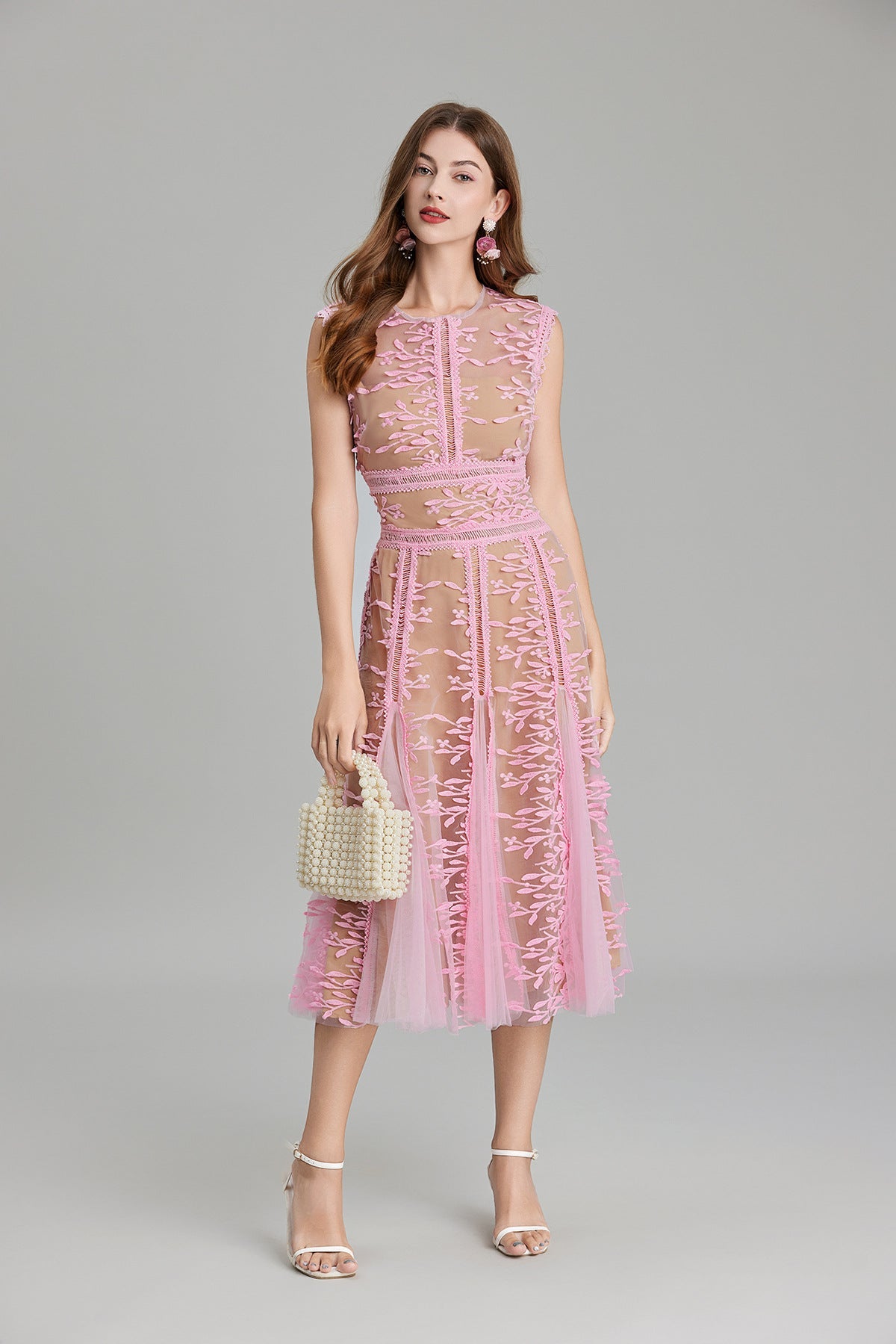 Vestito Midi in Pizzo con Collo Rotondo Maëlle Beige