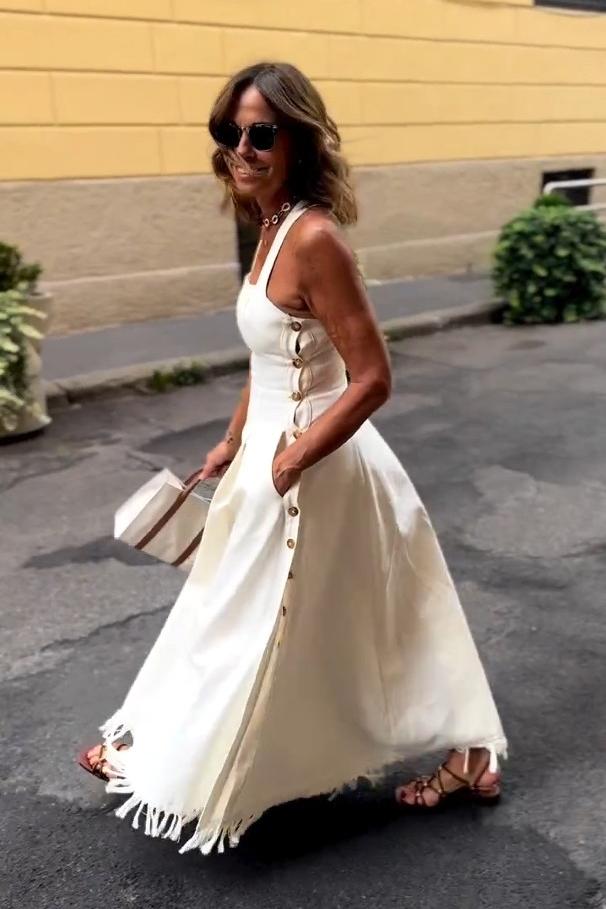 Abito lungo bianco boho con frange e tasche