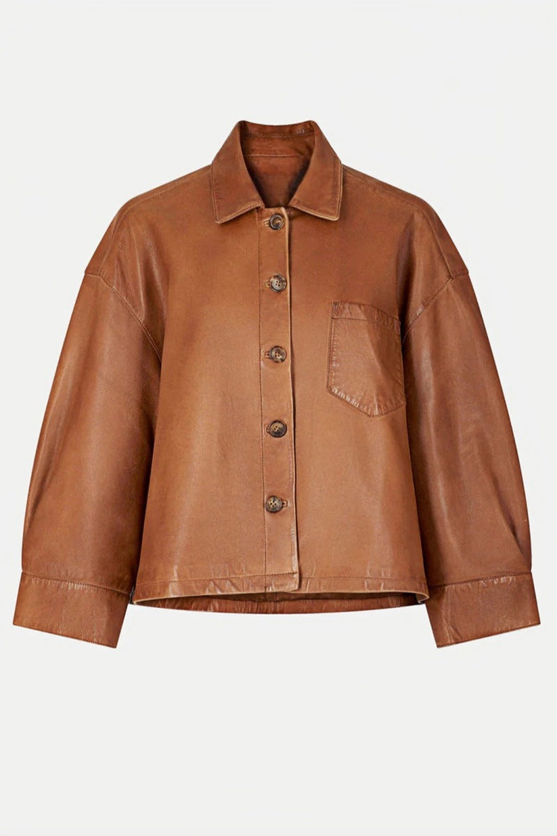 Cappotto Corto in Pelle Minimalista a Taglio Rovente