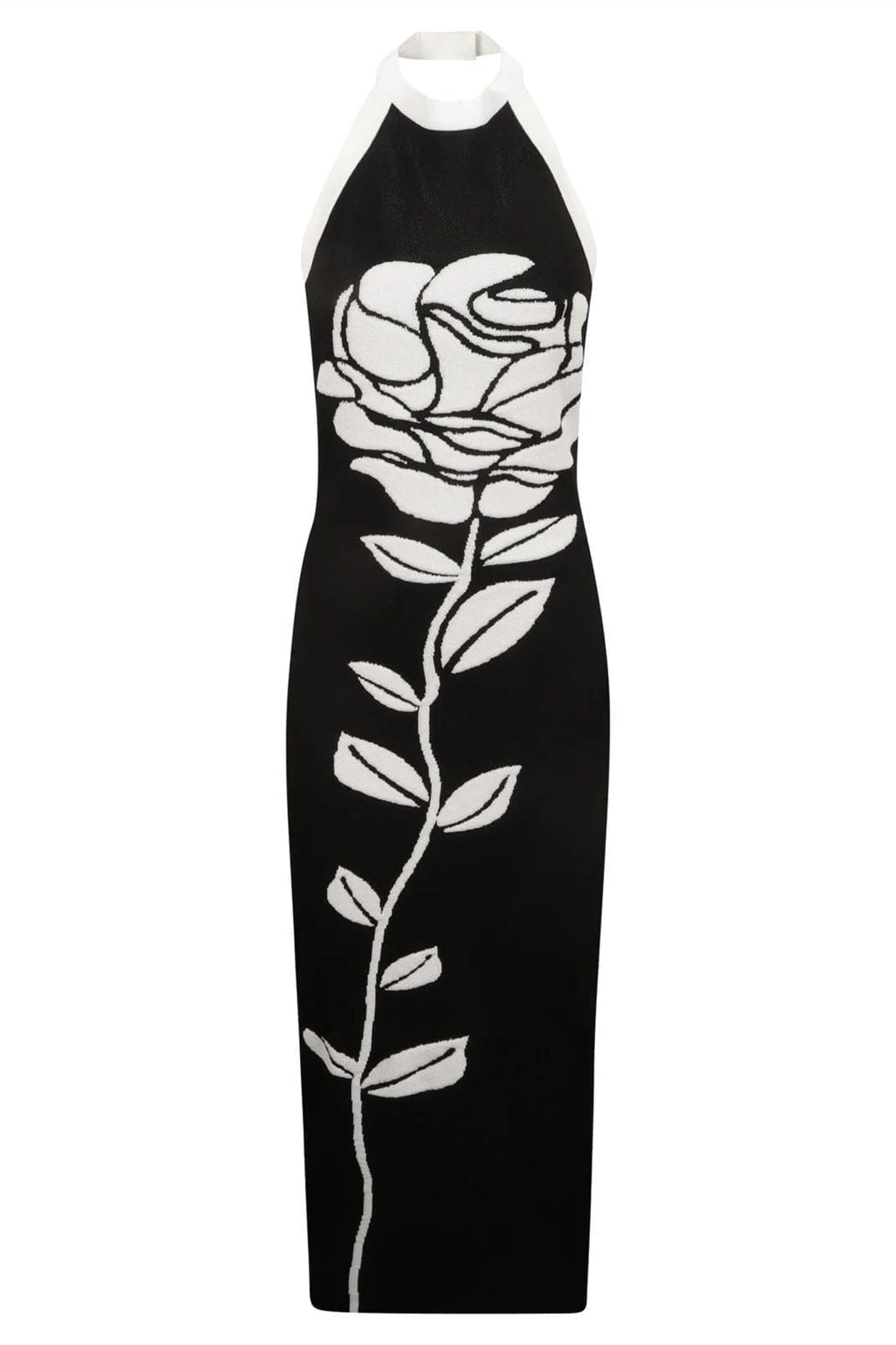 Vestito Midi in Maglia con Schiena Aperta e Motivo Floreale Darlene Halter