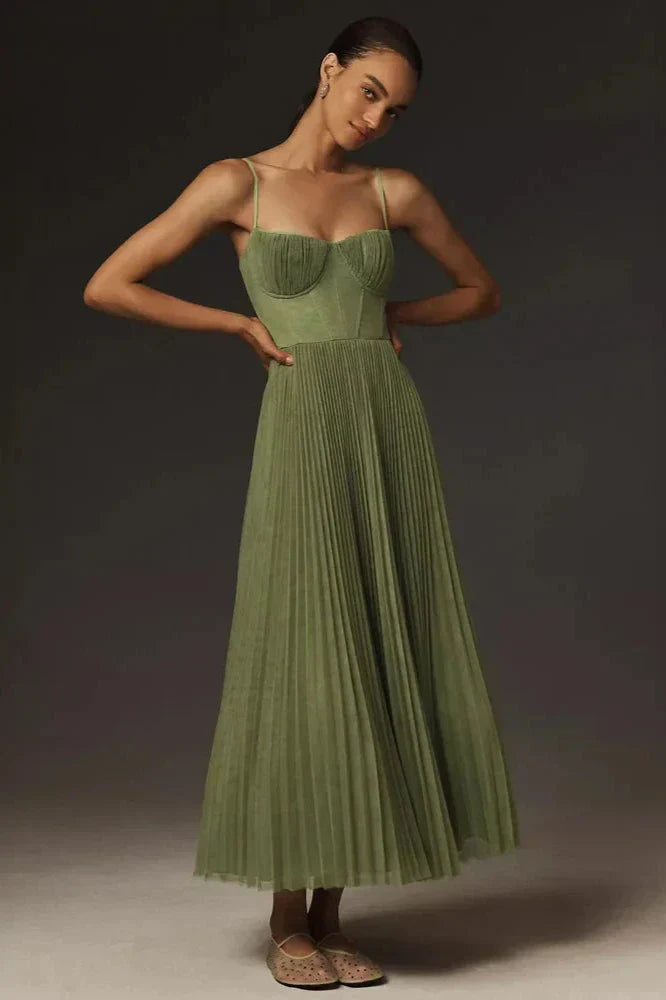 Vestito midi a ruota in tulle plissettato con bustier