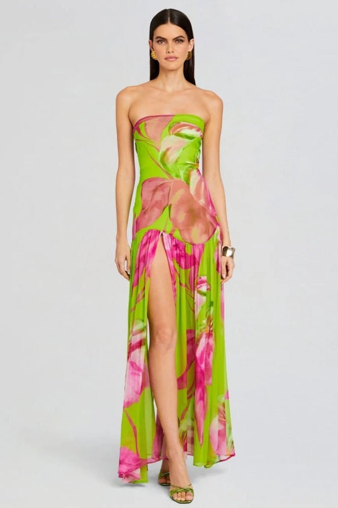 Vestito lungo maxi senza spalline Pam con stampa e foro slit