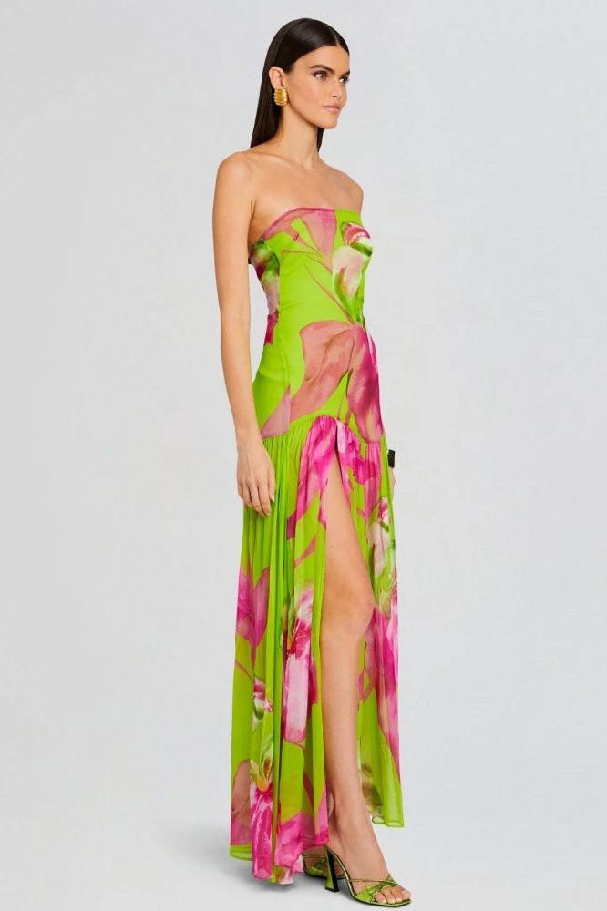 Vestito lungo maxi senza spalline Pam con stampa e foro slit