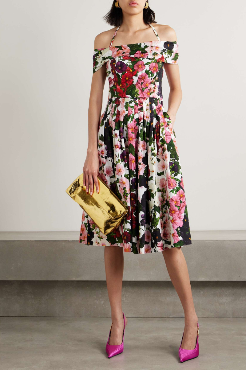 Vestito midi floreale con spalle scoperte Alianora