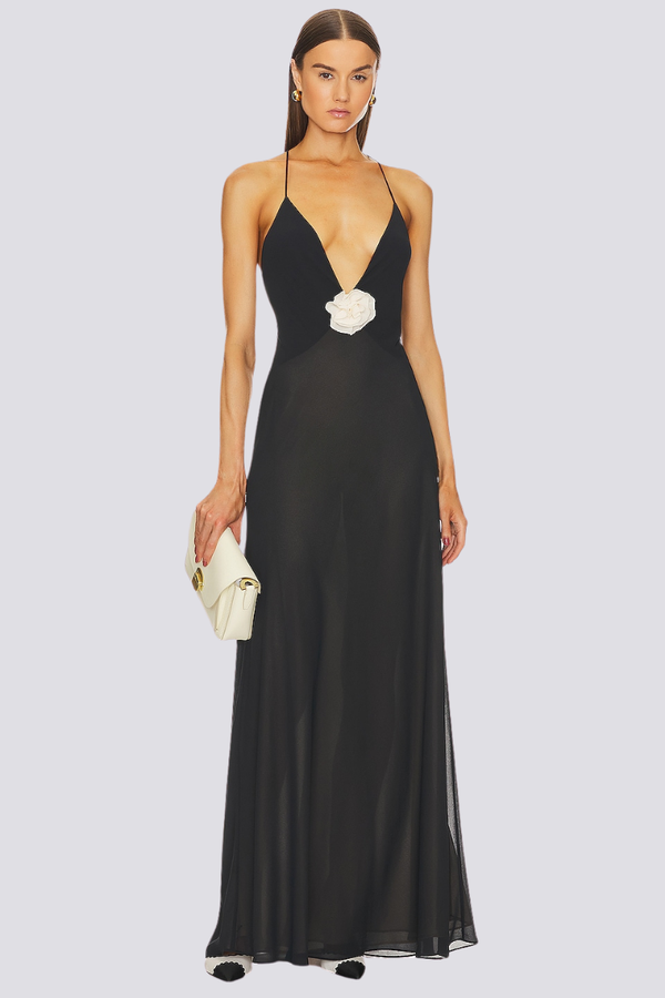 Vestito lungo maxi con scollo a V e collo a collo alto Ava Spaghetti