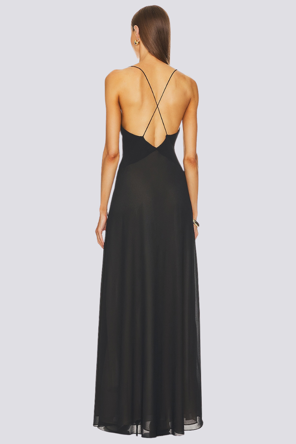 Vestito lungo maxi con scollo a V e collo a collo alto Ava Spaghetti