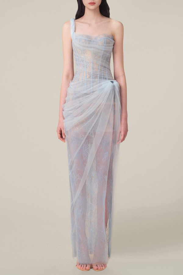 Vestito lungo con spalla singola Bertille in blu