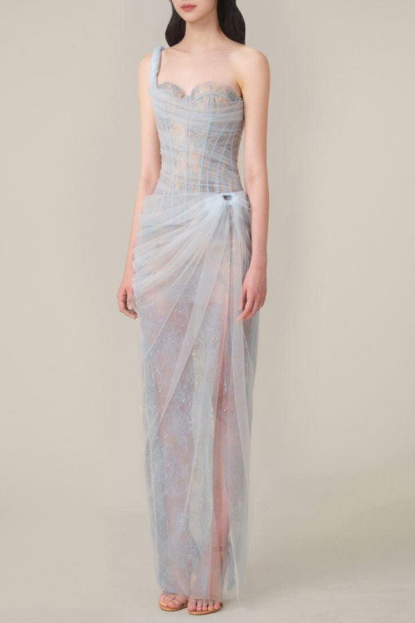 Vestito lungo con spalla singola Bertille in blu