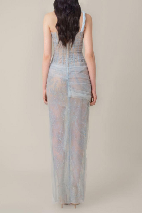 Vestito lungo con spalla singola Bertille in blu