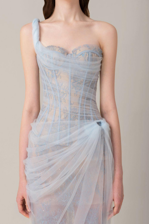 Vestito lungo con spalla singola Bertille in blu