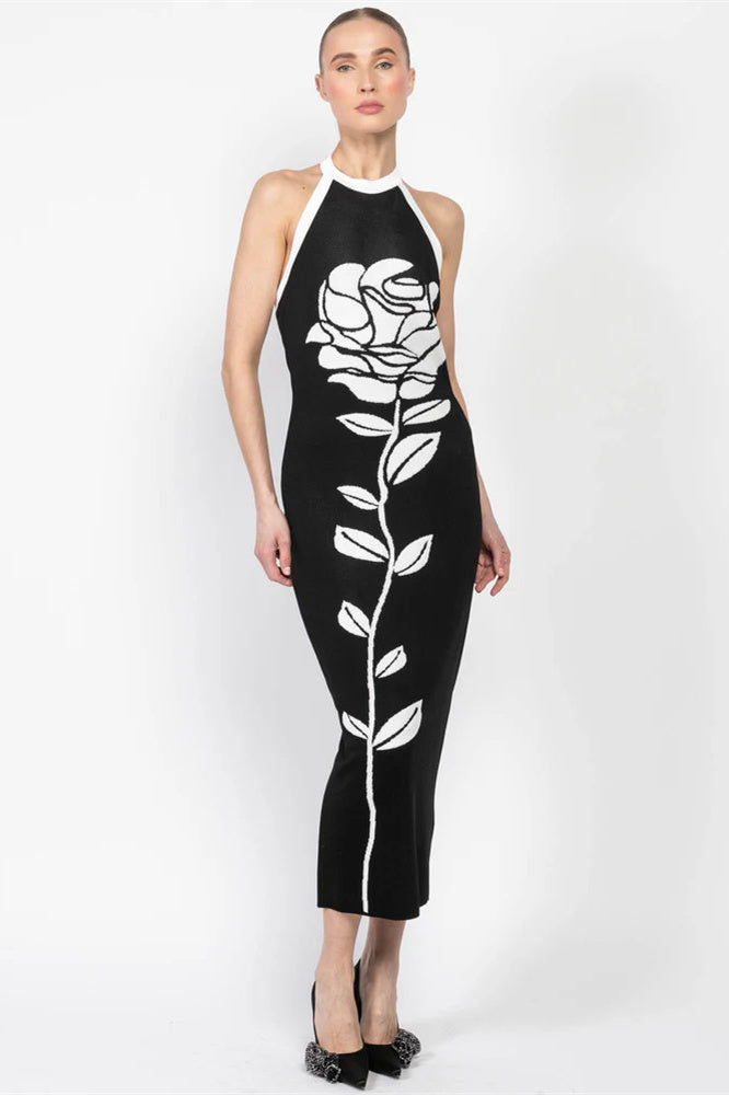 Vestito Midi in Maglia con Schiena Aperta e Motivo Floreale Darlene Halter
