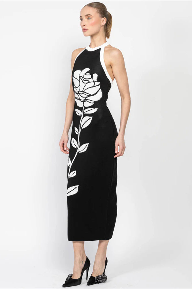 Vestito Midi in Maglia con Schiena Aperta e Motivo Floreale Darlene Halter