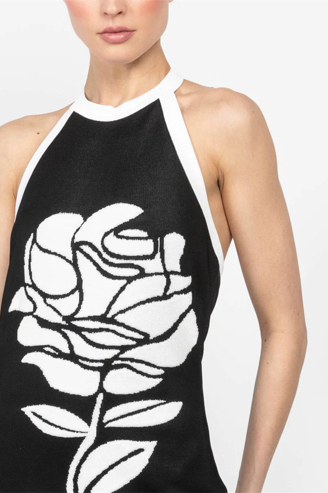 Vestito Midi in Maglia con Schiena Aperta e Motivo Floreale Darlene Halter