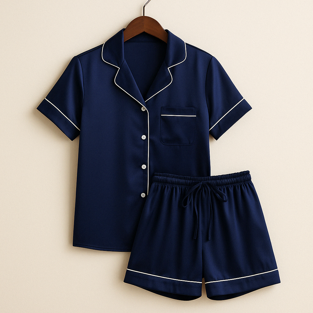 Set Pigiama in Seta Satinata con Bottoni e Shorts