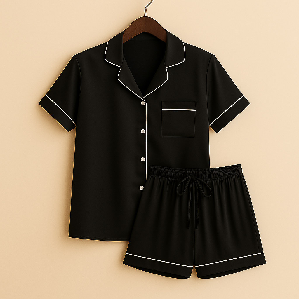 Set Pigiama in Seta Satinata con Bottoni e Shorts