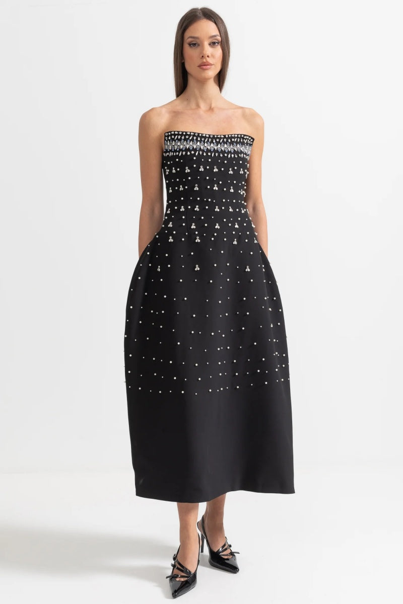 Vestito midi senza maniche con decorazioni in cristallo Verna