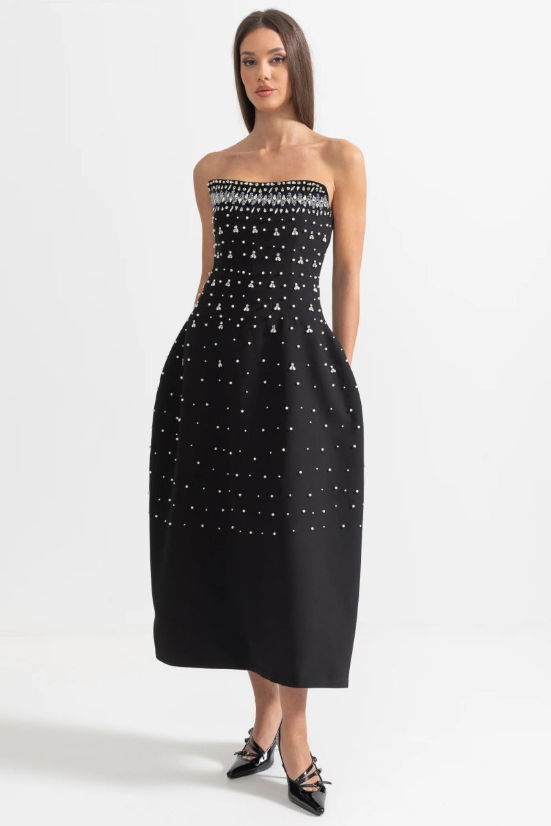Vestito midi senza maniche con decorazioni in cristallo Verna