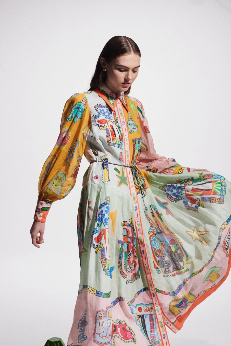 Vestito lungo patchwork con maniche a palloncino Danielle