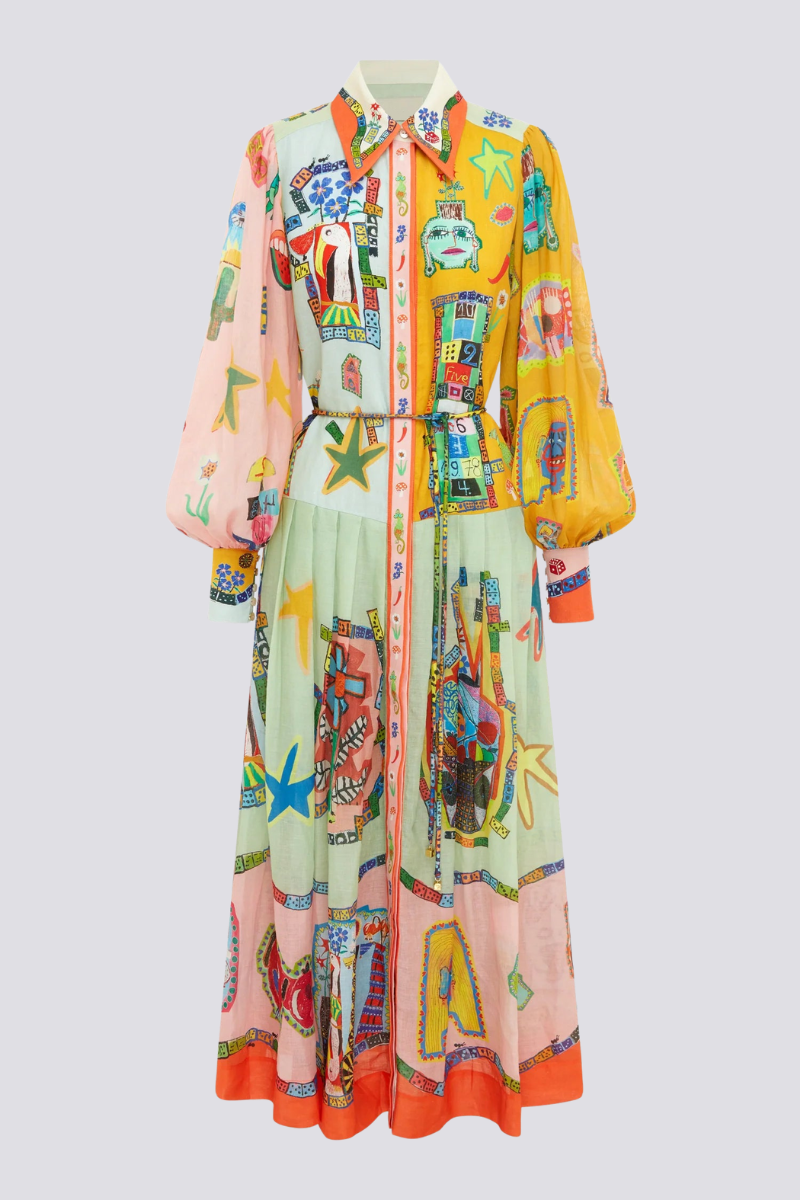 Vestito lungo patchwork con maniche a palloncino Danielle