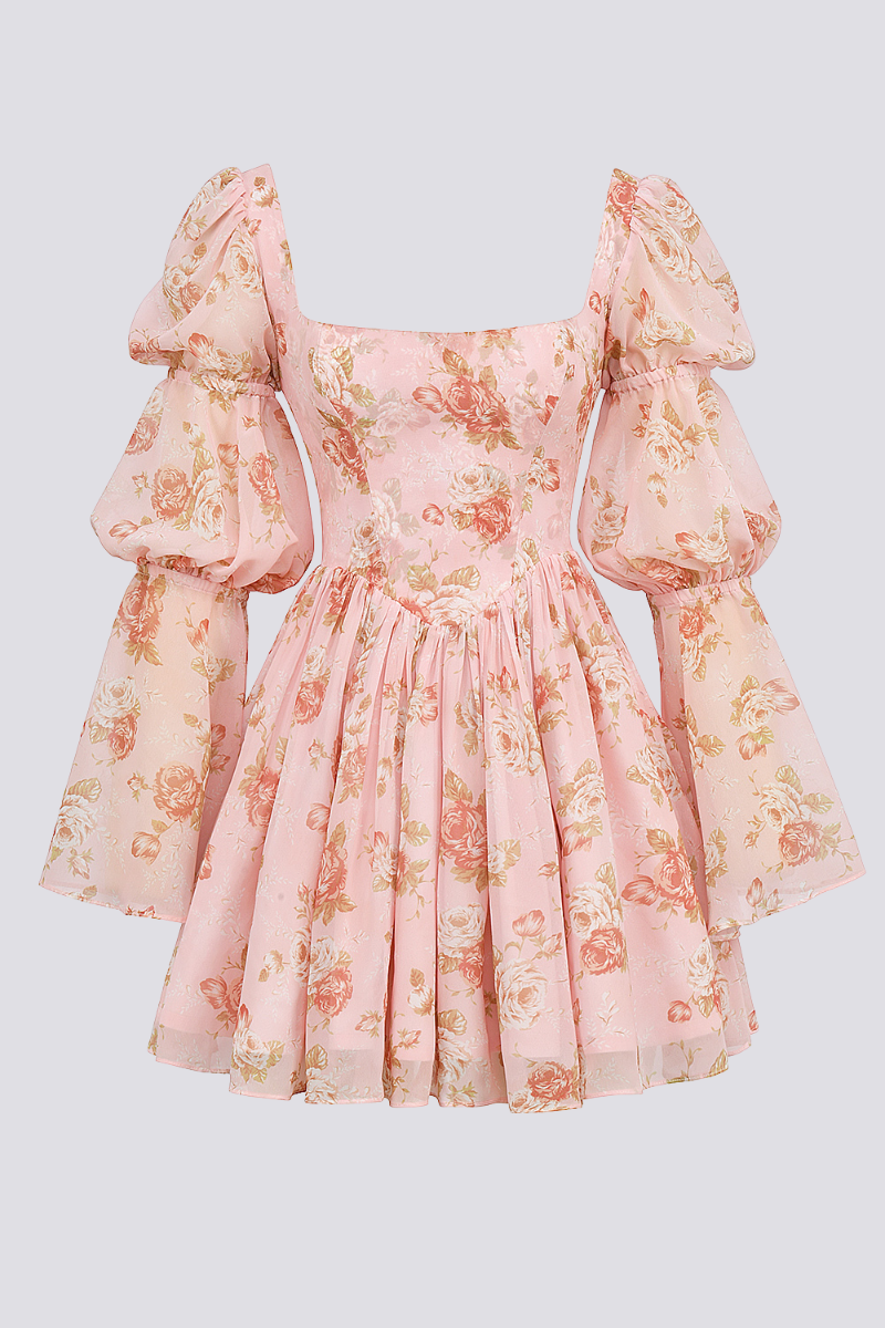 Vestito Mini a Busotino Quadrato con Motivo Floreale Divino