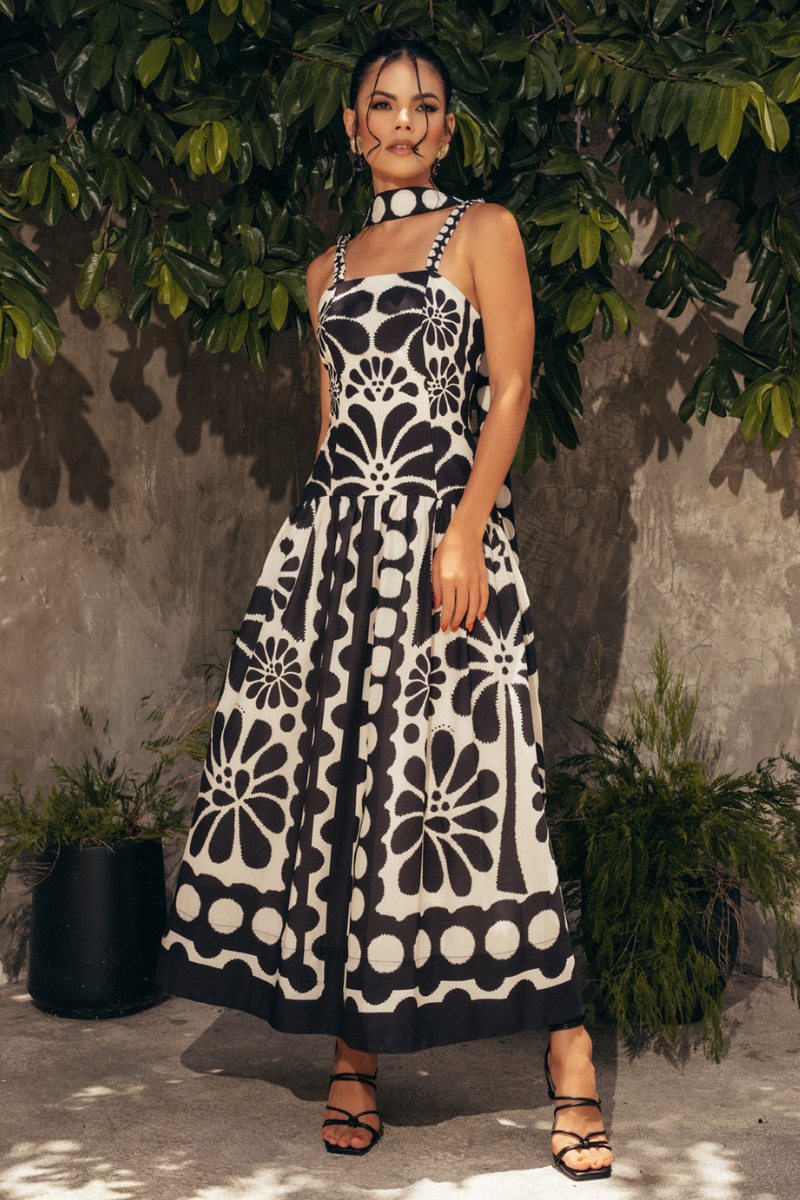 Vestito lungo maxi floreale Élisabeth Spaghetti in nero