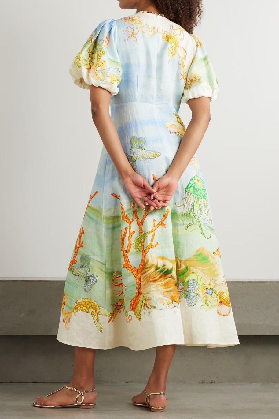 Vestito Midi in Lino Stampato con Rete Raccolta