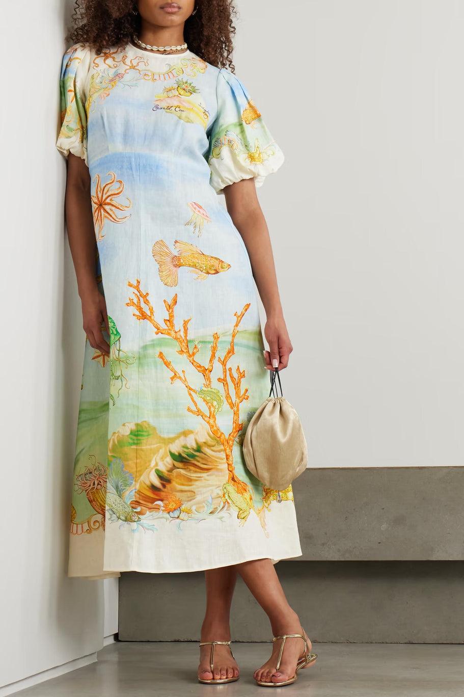 Vestito Midi in Lino Stampato con Rete Raccolta