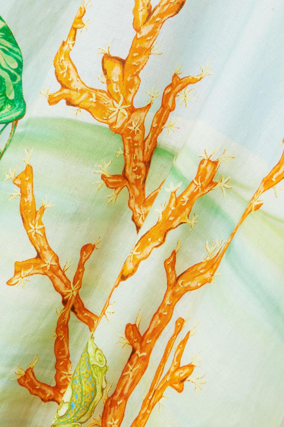 Vestito Midi in Lino Stampato con Rete Raccolta