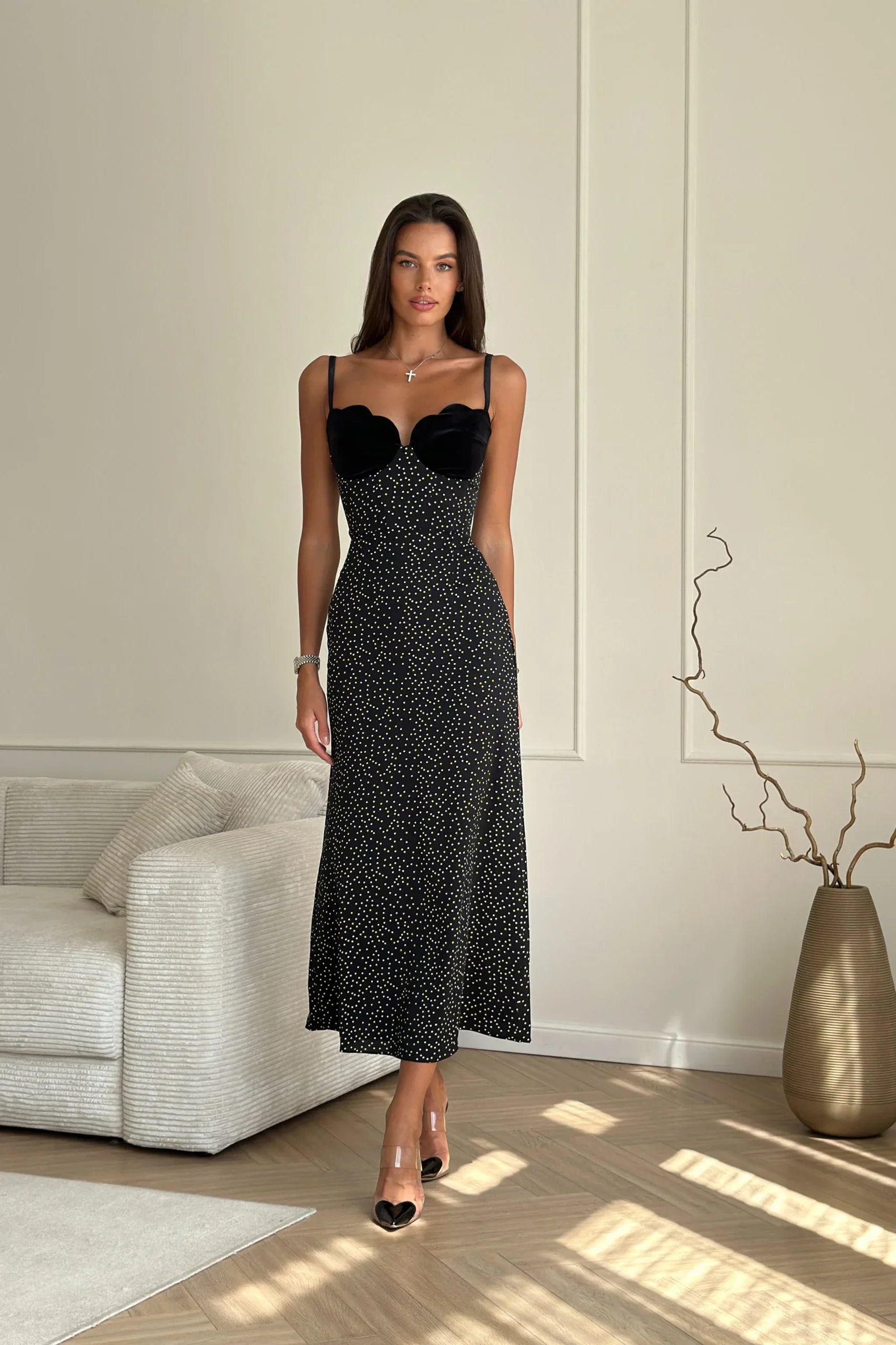 Vestito Midi con Inserto in Velluto