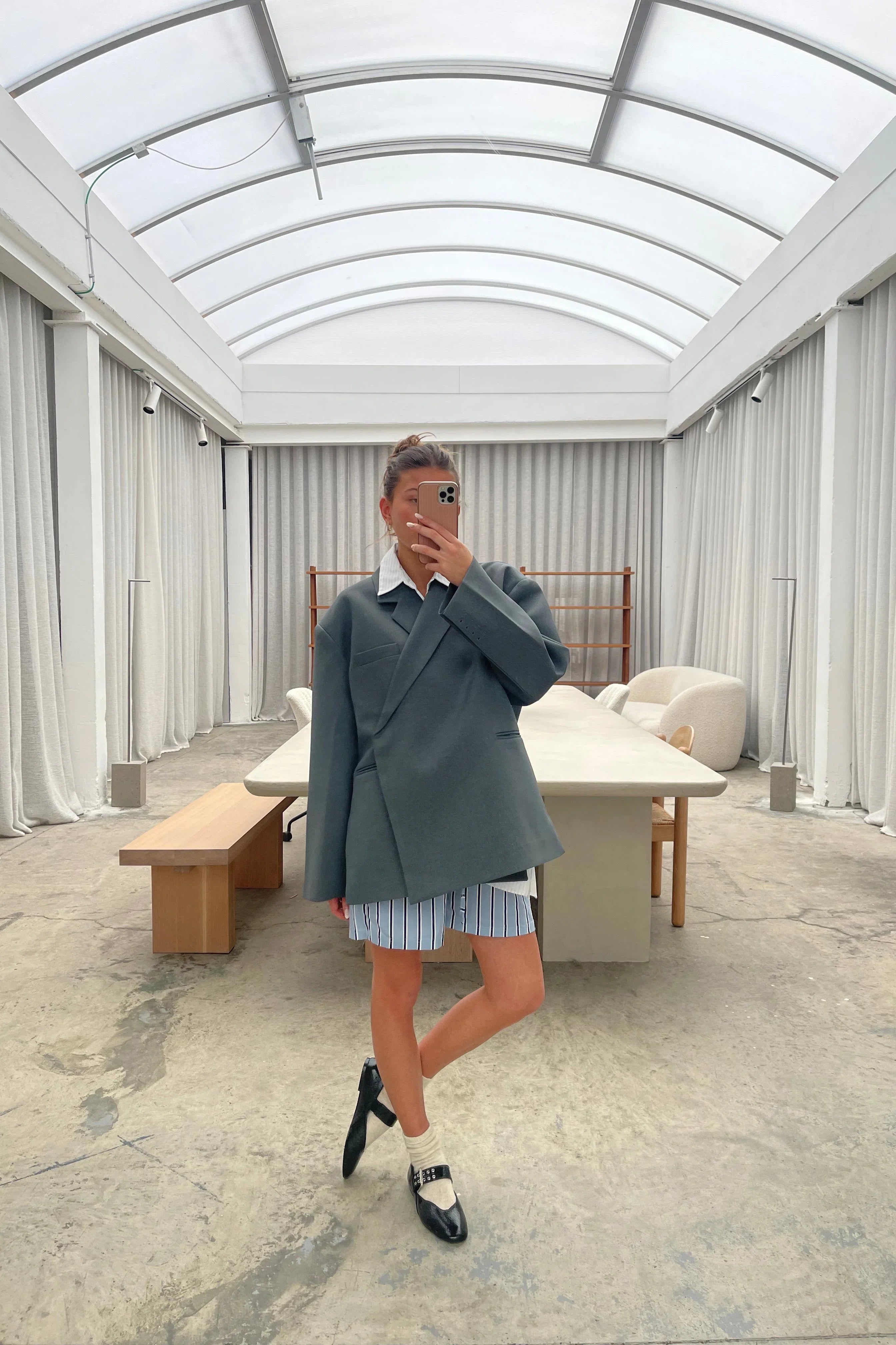 Blazer Oversized con Spacco Laterale Blu Acciaio