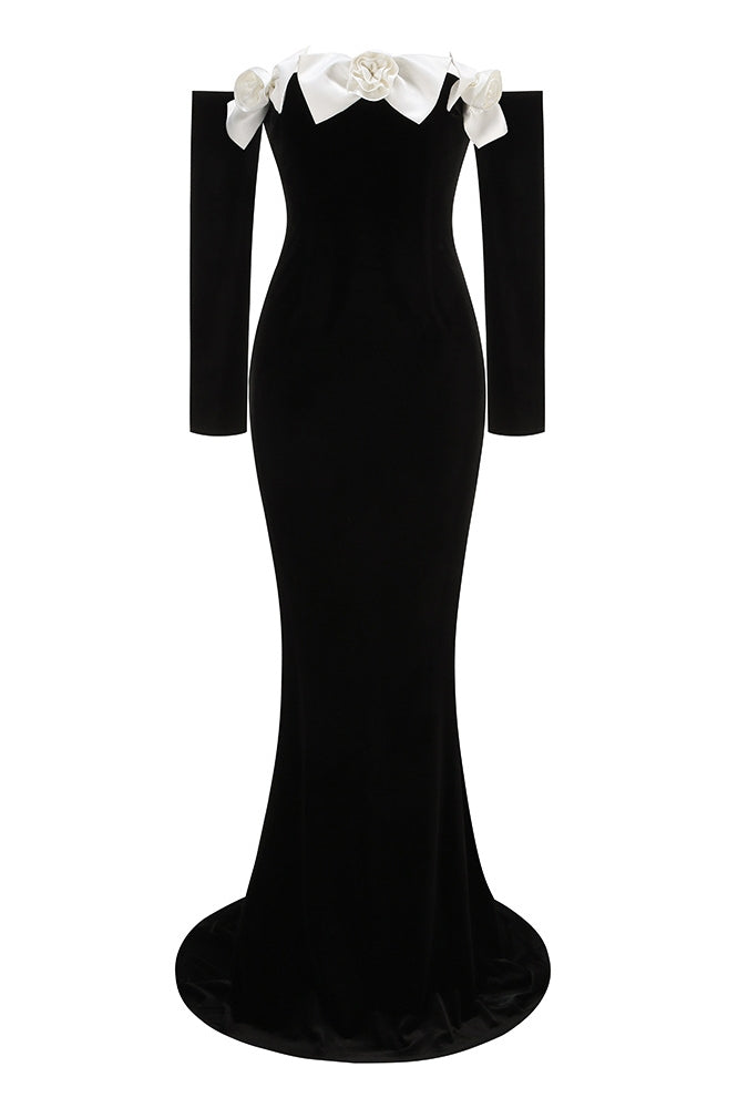 Vestito lungo maxi con fiocco a fiocco stile Lara in velluto senza spalline
