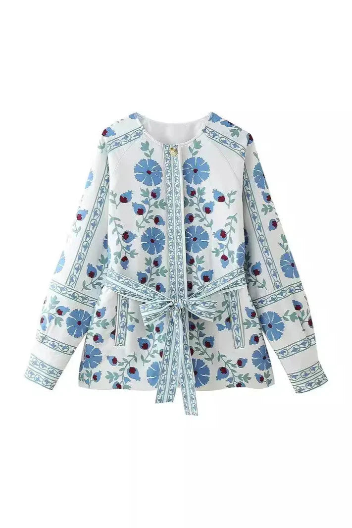 Giacca casual con fiori street, lacci, bottoni, peyote, scollo a O
