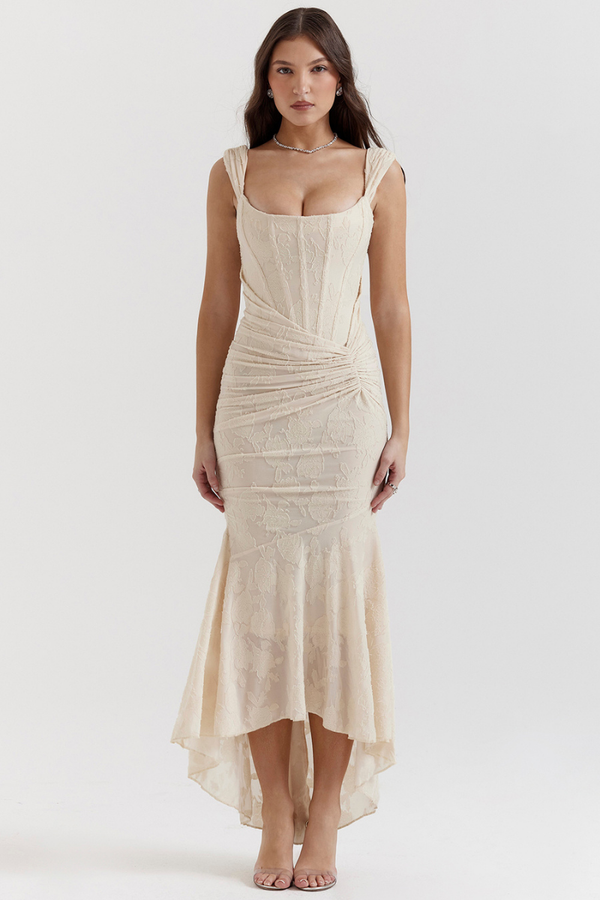 Vestito lungo maxi con corpetto arricciato Octavie in beige