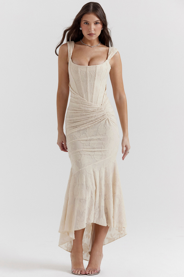 Vestito lungo maxi con corpetto arricciato Octavie in beige
